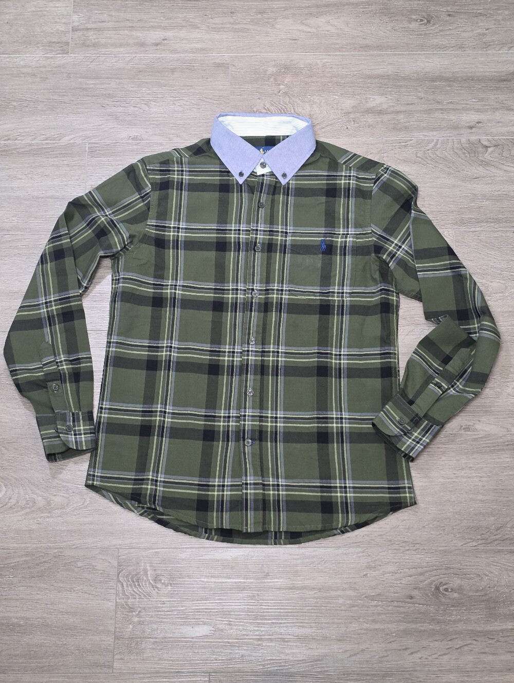 Ralph Lauren Custom Fit Button Down Dress Shirt Mens Sz M Green Plaid Cotton